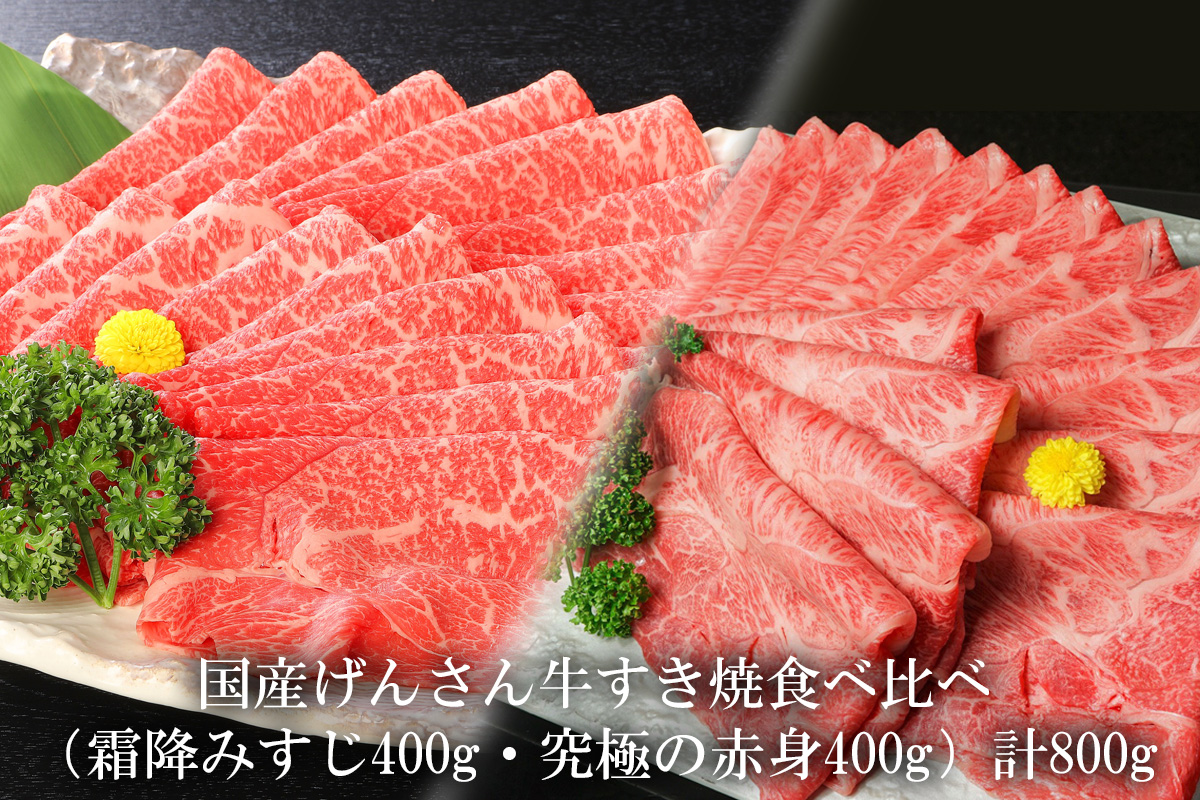 【eギフトカタログ専用商品】【TTコース】国産げんさん牛 すき焼き・しゃぶしゃぶ用 食べ比べ（霜降みすじ400g・究極の赤身400g）計800g